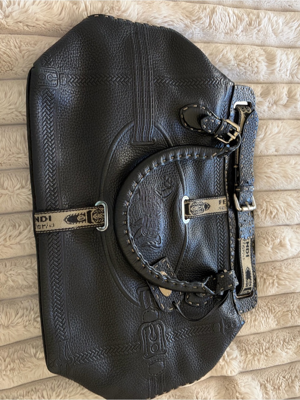 Fendi Black Leather Tote with Logo Canvas Trim - Black - Picture 2 of 2